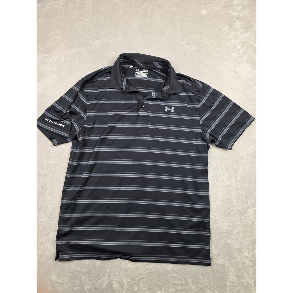 Under Armour Polo Shirt Mens Medium Black Striped Heatgear Coldblack Loose Fit